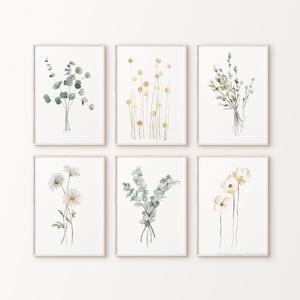 Set di 6 stampe, piante acquerellate - foglie e fiori, eucalipto verde salvia, margherita, lavanda, papaveri, sei immagini botaniche minimaliste, erba