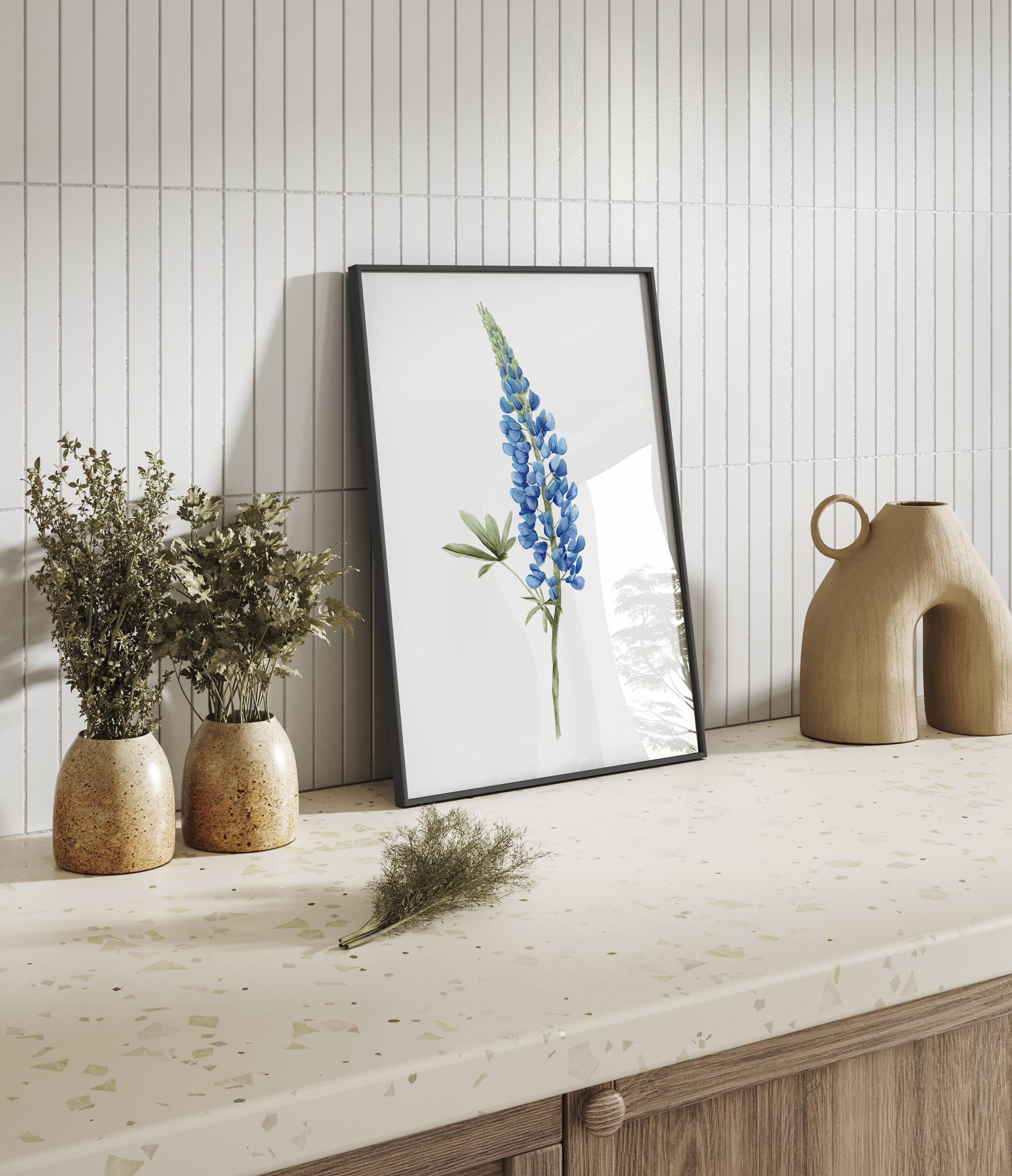 ルピナスの花のプリント - 絵画、青い水彩画の植物装飾、モダンな農家