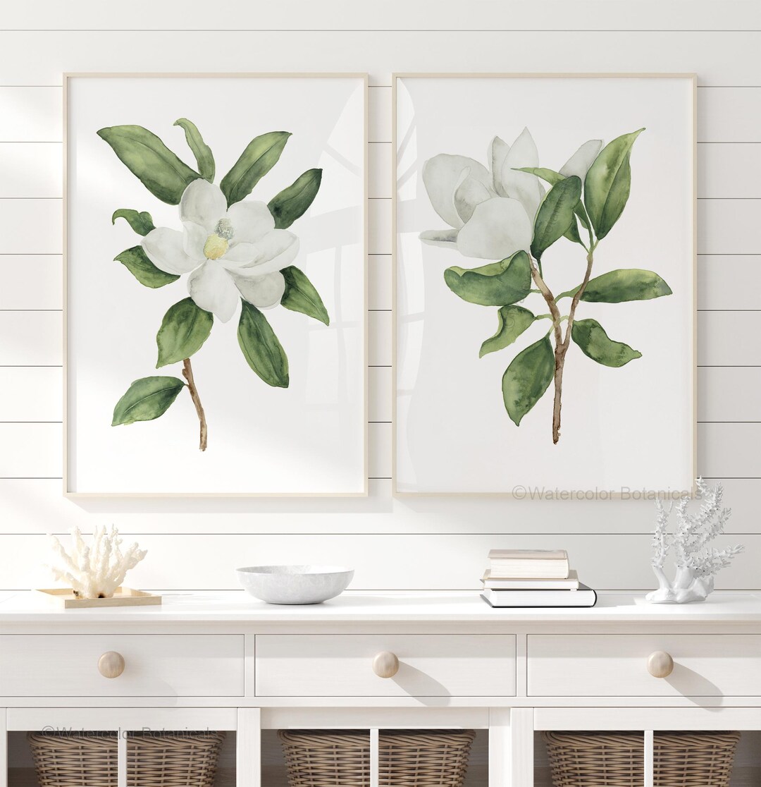 Magnolia Blossom Prints – Set of 2 Watercolor Flowers – Minimalist ...