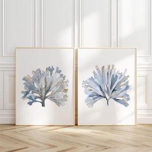 Light Blue Seaweed, Watercolor Minimalist Art, Coastal Wall Decor, Beach House Art, Set of 2 Botanical Prints, Water Plants, Modern Hamptons