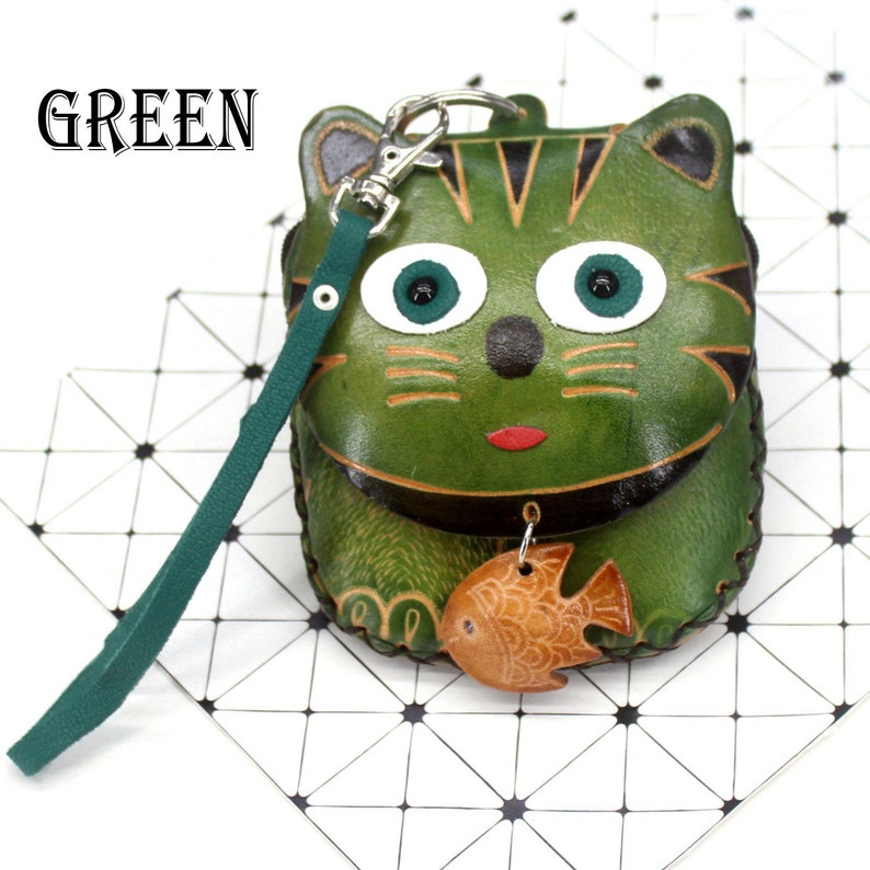 Handmade Genuine Leather Coin Purse Cute Cat With Fish Carving Zipper Wallet Gifts