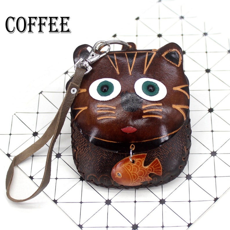 Handmade Genuine Leather Coin Purse Cute Cat With Fish Carving Zipper Wallet Gifts