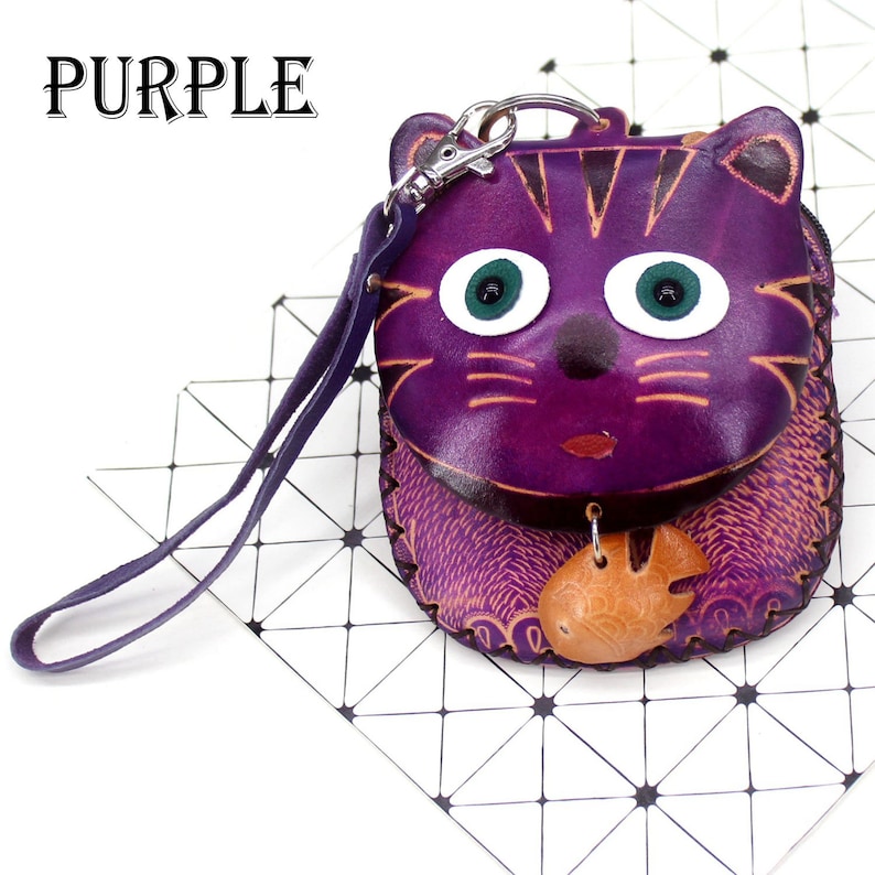 Handmade Genuine Leather Coin Purse Cute Cat With Fish Carving Zipper Wallet Gifts