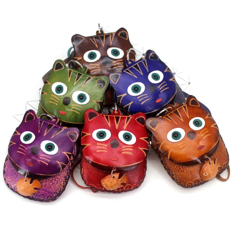 Handmade Genuine Leather Coin Purse Cute Cat With Fish Carving Zipper Wallet Gifts