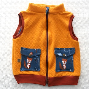 Vest "Forest Animals", made of quilted sweat in curry colour, lined with organic summer sweat, other colours are also possible, size 80 - 122