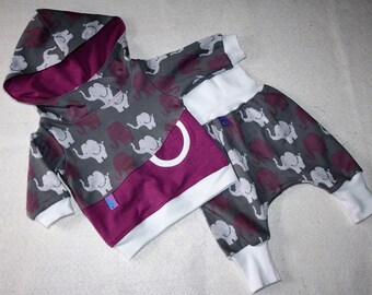 Babyset Elefantenparade,  2-teilig, Hoodie und Pumphose, Gr. 62, taupegrundig