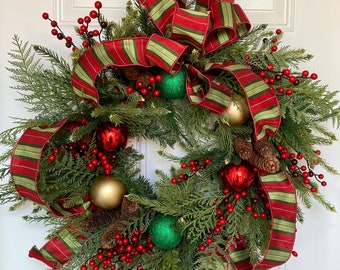 Christmas wreath, winter wreath, pine wreath, berry wreath, Holiday, Christmas, Christmas decor