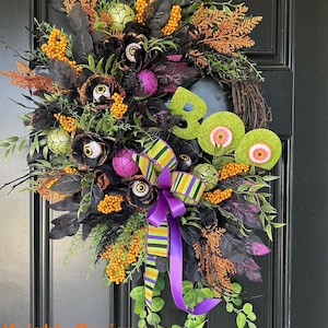 Halloween Wreath with Eyeballs – Spooky BOO Door Decor, Glittery Ribbon, Black & Orange Fall Wreath, Front Door Halloween Decoration