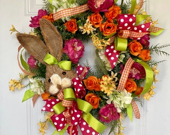 Easter wreath, spring wreath, Easter decor, Easter, Spring, bunny, peony, hydrangea, rose, home decor