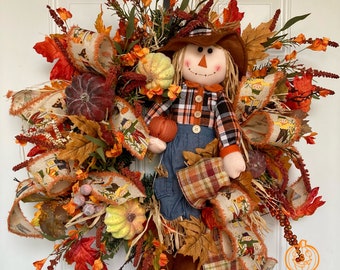 Fall wreath, autumn wreath, thanksgiving, fall, fall decor, scarecrow, pumpkins, harvest