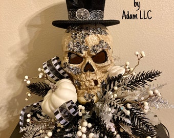 Skull centerpiece, skull head, Halloween, Halloween decor, skull decor, skeleton, top hat, steampunk