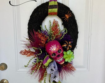 Skull wreath, sugar skull wreath, Halloween wreath, Halloween, day of the dead, Día de los Muertos wreath, Día de los Muertos, sugar skull