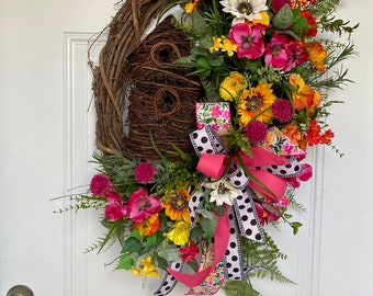 Wreath, birdhouse wreath, birdhouse, spring, summer, Mother’s Day, grapevine wreath, pansies, sunflowers, polka dots, ribbon, birthday