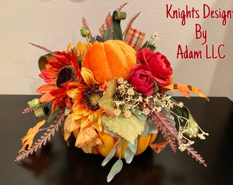 Fall centerpiece, fall pumpkin, harvest pumpkin, harvest, pumpkins, sunflowers, Thanksgiving, autumn, gourds, d Stevens ribbon