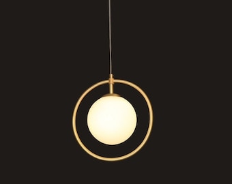 Chandelier Hanging Lighting - White Globe Glass Brass  - Gold Ceiling Lamp Vanity Light Fixture - Shabtay Model Ranor Lighting Design