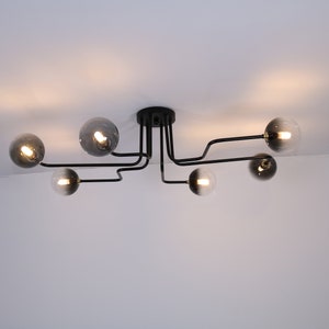 Black Chandelier Light, Modern Chandeliers Light, Minimal Mid Century Light, Elongated Lamp, Ceiling Light Fixture, Unique Home Decor Clear & Smoke