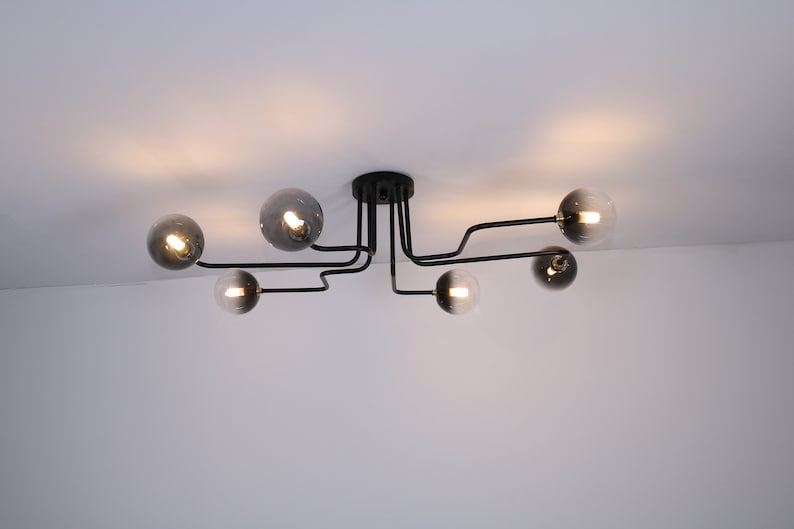 Black Chandelier Light, Modern Chandeliers Light, Minimal Mid Century Light, Elongated Lamp, Ceiling Light Fixture, Unique Home Decor Clear & Smoke