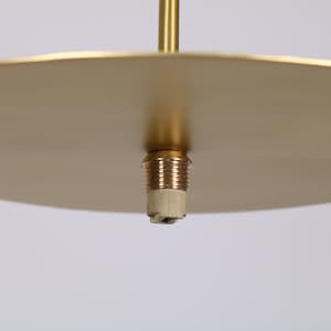 May include: Close-up of a gold-colored ceiling fixture with a round, flat canopy and a threaded brass socket.