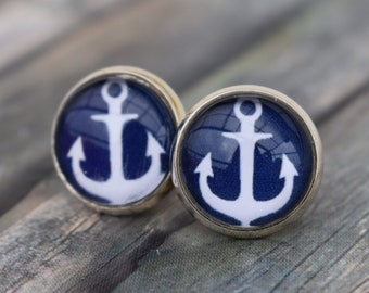 Stud earrings / earrings / earrings / anchor earrings 'White anchor in dark blue'