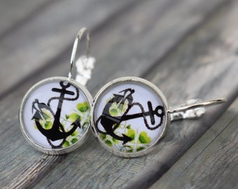 Earrings / earrings / anchor earrings 'Anchor with swallow and cloverleaf'