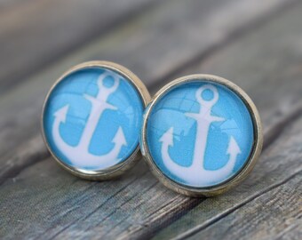 Stud earrings / earrings / earrings / anchor earrings 'White anchor in blue'