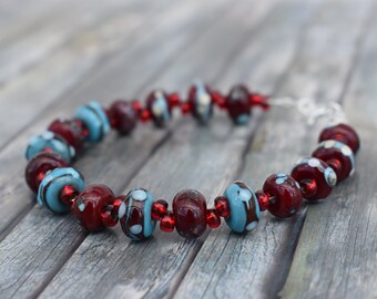 Bracelet / Glass Bead Bracelet / Bracelet / Unique Jewelry 'Red / Turquoise'