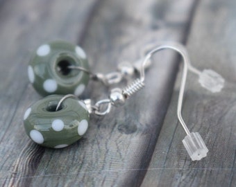 Earrings / Earrings Woman / Glass Bead Earrings 'Lampwork Beads Moss Green with White Dots'