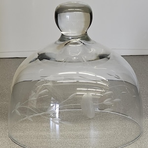 Puede incluir: Una campana de cristal transparente con un asa redonda en la parte superior. La cúpula de cristal presenta diseños florales grabados. Esta pieza decorativa es adecuada para exhibir productos horneados u otros artículos.