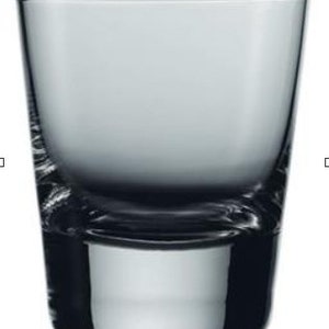 May include: A clear glass tumbler with a thick base. The glass has a slightly rounded shape.