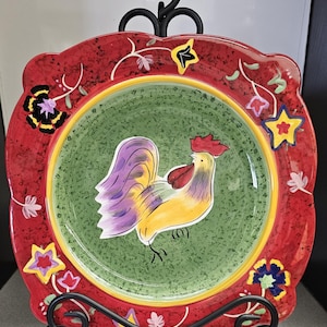 Hand-Painted 12&quot; Square Rooster Dinner Plate