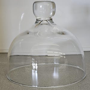 May include: A clear glass cake dome with a rounded top and a small, round handle. The dome is designed to cover and protect baked goods. The base is a flat, circular shape. The glass is transparent, allowing a clear view of the contents.