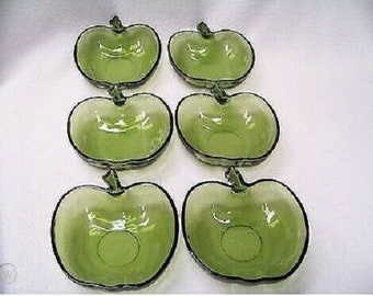 6 Vintage Hazel Atlas Green Glass Apple Shaped Individual Bowls