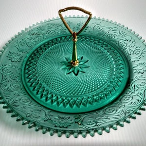 Tiara Indiana Glass Spruce Green Sandwich Handled Tidbit 12&quot; Tray Platter