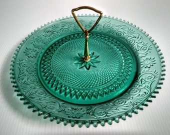 Tiara Indiana Glass Spruce Green Sandwich Handled Tidbit 12&quot; Tray Platter