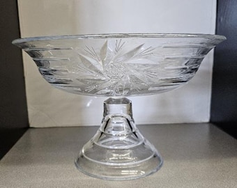 Könnte beinhalten: Eine klare Glasschale auf einem Sockel mit einem geschliffenen Glasdesign. Die Schale hat einen breiten, runden Boden und einen hohen, schlanken Stiel.