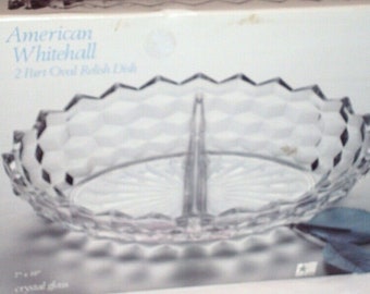 American Whitehall 7'' x 10" 2 Part Oval Relish Dish Crystal Glass New