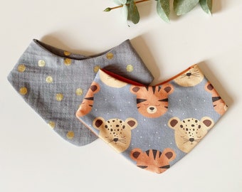 Baby scarf, burp cloth, triangular scarf, reversible cloth, baby gift, blue-grey with tigers or anthracite with gold dots.