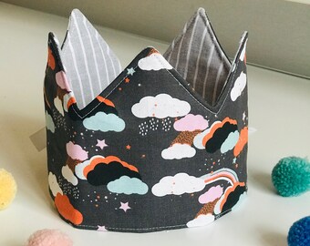 Birthday crown in cotton fabric and linen, anthracite colours with clouds and rainbow motif