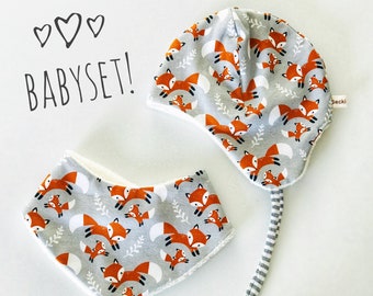 Baby set, beanie, scarf with fox motif on grey cotton jersey, lined with cotton fleece