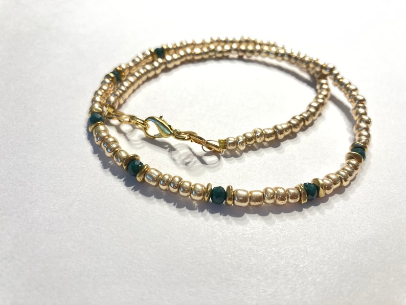 Pearl necklace, gold-plated necklace, dark green faceted glass beads, seed beads, gift image 2