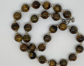 Gemstone necklace, brown, black, silver, tiger eye, 45 cm, gift