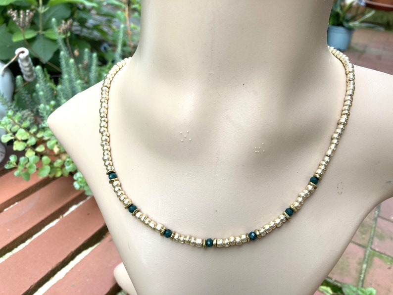 Pearl necklace, gold-plated necklace, dark green faceted glass beads, seed beads, gift image 6