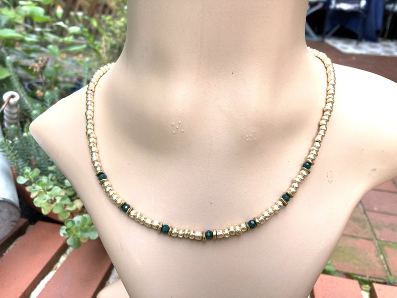 Pearl necklace, gold-plated necklace, dark green faceted glass beads, seed beads, gift image 4