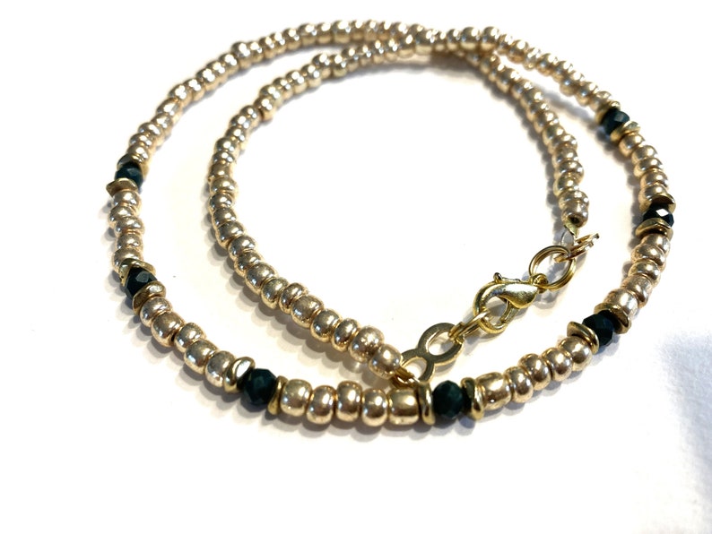 Pearl necklace, gold-plated necklace, dark green faceted glass beads, seed beads, gift image 3