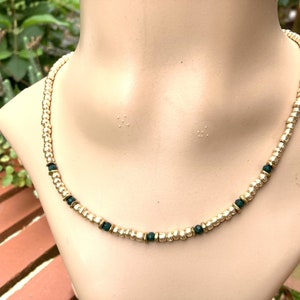 Pearl necklace, gold-plated necklace, dark green faceted glass beads, seed beads, gift image 5