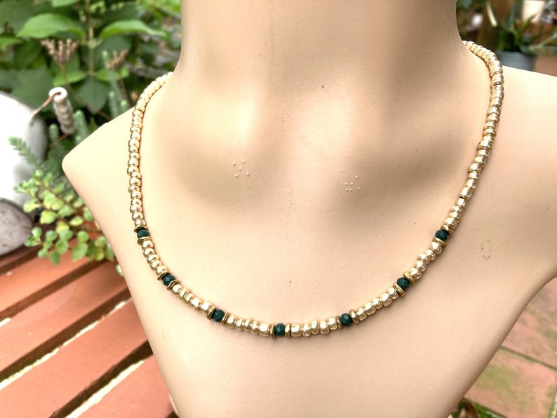 Pearl necklace, gold-plated necklace, dark green faceted glass beads, seed beads, gift image 5
