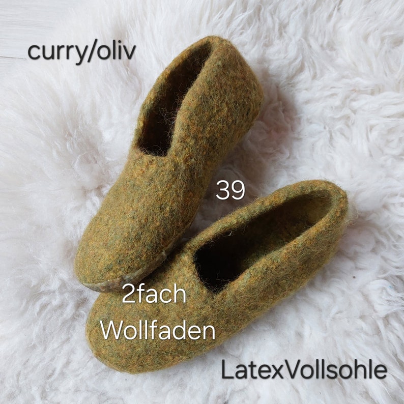 Gr. 39 dicke Filzpantoffeln Filzhausschuhe Puschen, Damen Herren, Unisex curry/olive