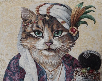 Kissenbezug aus Jacquard-Wandteppich mit Maharadscha-Katze, 45 x 45 cm. Trendige Innendekoration – Dekokissen – Einweihungsfeier – Geburtstag