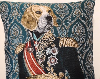 Housse de coussin tapisserie jacquard crème Chien braque 45x45 cm. Déco d'intérieur tendance