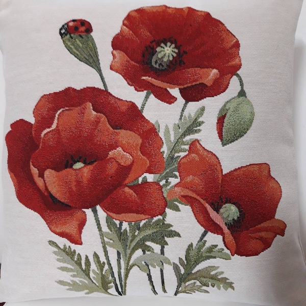 Housse de coussin tapisserie jacquard motif placé coquelicots  45x45 cm. Déco intérieur tendance - coussin déco - crémaillère - anniversaire